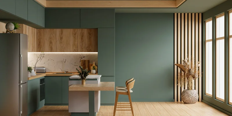 Sage green kitchen remodeling design with wood slat accent wall. Sage green kitchen remodeling design with wood slat accent wall.