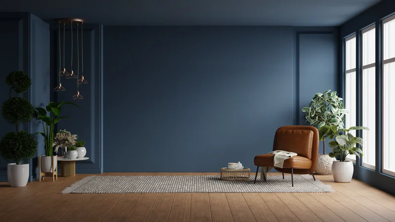 Interior painting services featuring a deep blue accent wall in a living room. Interior painting services featuring a deep blue accent wall in a living room.
