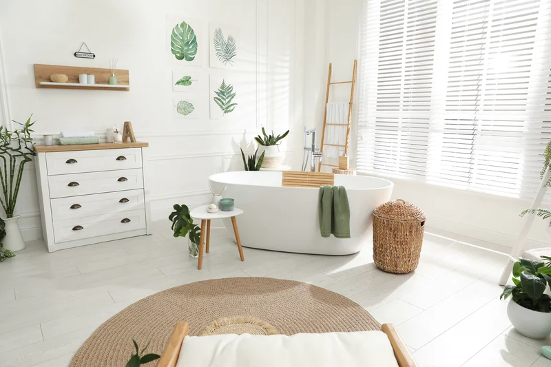 Bright boho bathroom remodel with freestanding tub and wood accents. Bright boho bathroom remodel with freestanding tub and wood accents.