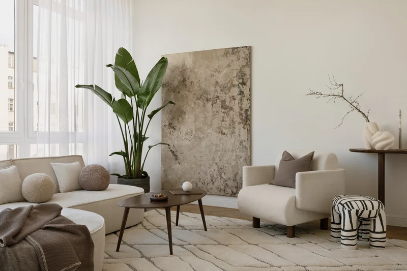 Modern minimalist living room interior with neutral beige walls Modern minimalist living room interior with neutral beige walls