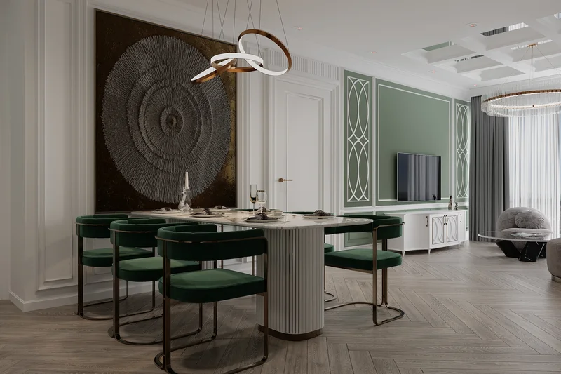 Sage green and white accent wall interior painting in luxury dining room Sage green and white accent wall interior painting in luxury dining room