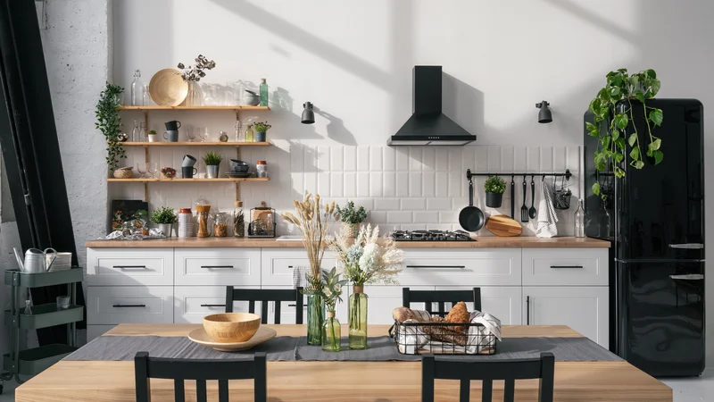 White shaker kitchen cabinets with wood countertops and black accents. White shaker kitchen cabinets with wood countertops and black accents.