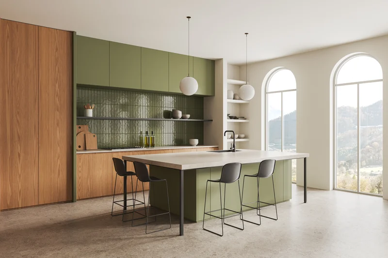 Modern olive green kitchen cabinets and wooden paneling Modern olive green kitchen cabinets and wooden paneling